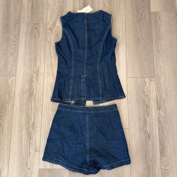 Commense Cotton Blue Denim Peplum Vest Shorts Set Old Money Casual Medium - Picture 5 of 7